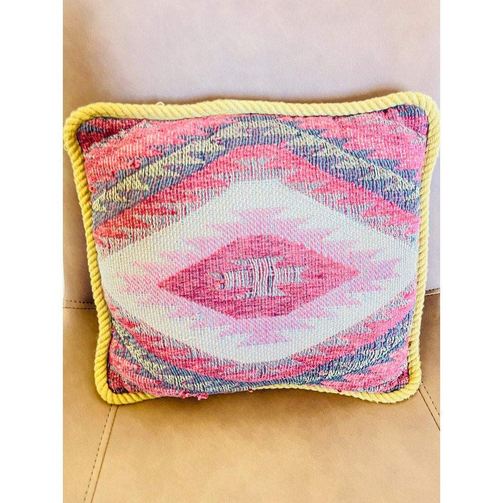 Raymond Waites Vtg Tapestry Pillow Kilim Southwestern Cushion Yellow Rope Trim